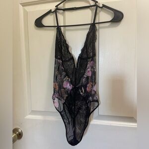 Floral Lace Bodysuit - Black and Purple